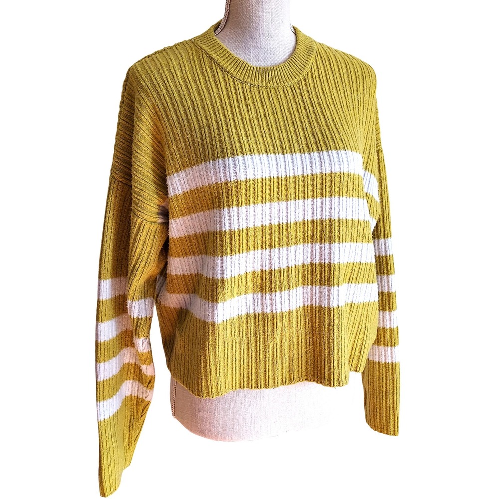 Pink Republic Yellow White Stripe Ribbed Knit Sweater Pullover Women XL